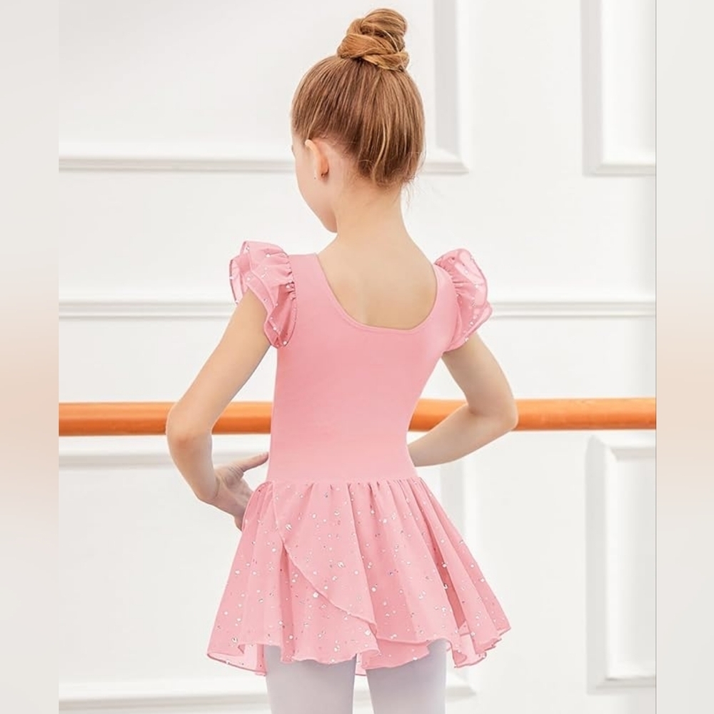 Arshiner Girls Ruffle Sleeve Ballet Dance Dress Tutu Skirted Leotard Size 6-7